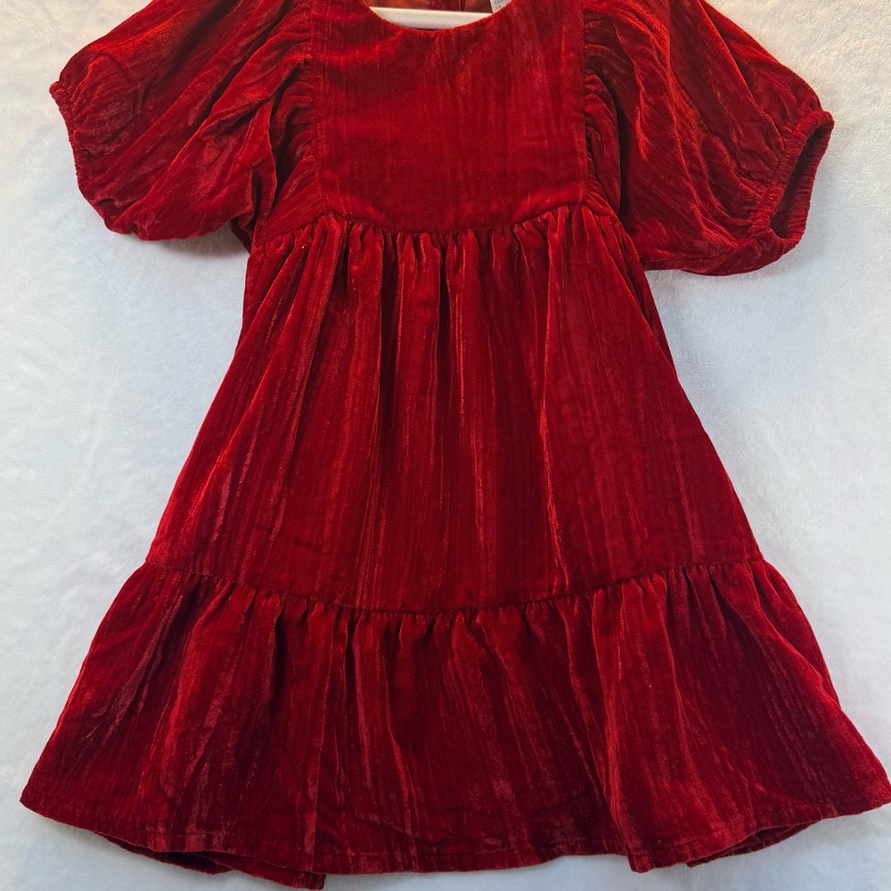 H&M Girls Red Velvet Puff Sleeve A-Line Dress Round Neck 2T Balletcore Holiday